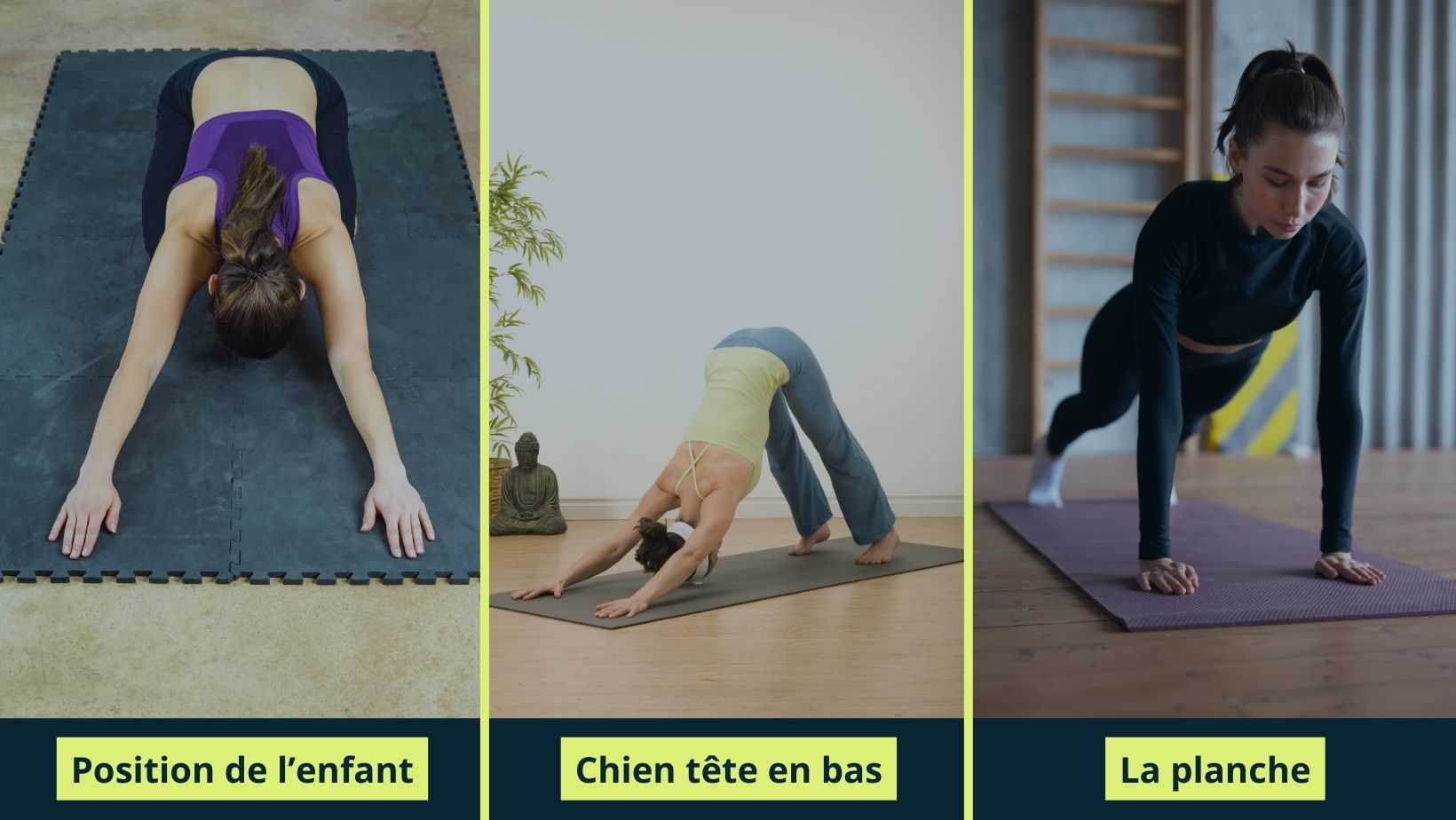 Une série de 3 images montrant des postures classiques de yoga (comme le chien tête en bas, la posture de l’enfant, la planche). Ces postures pourraient être accompagnées de légendes expliquant les bienfaits de chacune pour le corps et l’esprit.