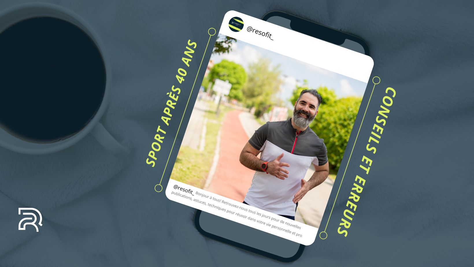 Mockup Instagram montrant un homme souriant en train de courir, illustrant la pratique sportive après 40 ans avec la mention “Sport après 40 ans - Conseils et erreurs.jpg