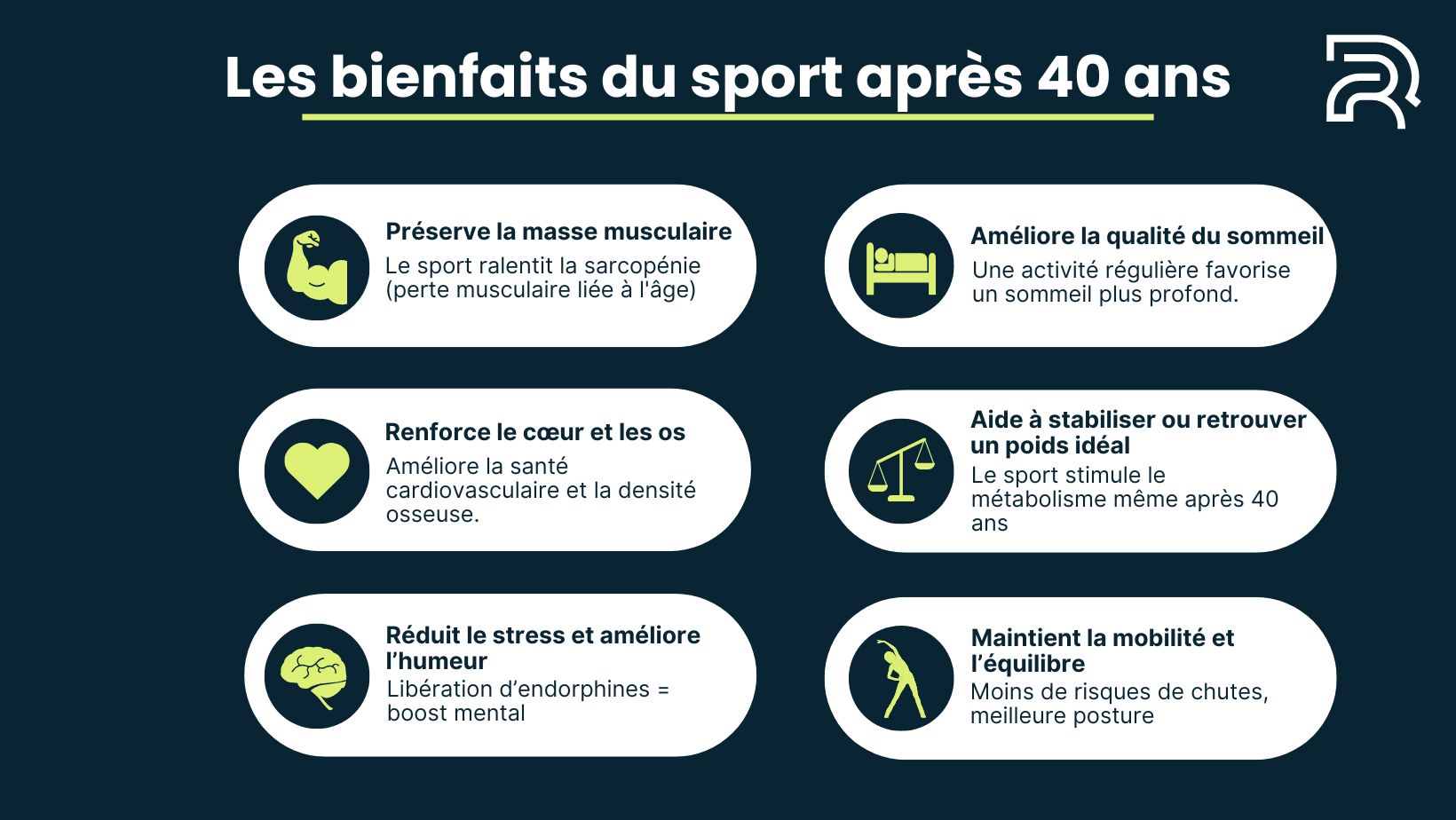 Infographie illustrant les bienfaits du sport après 40 ans : préservation de la masse musculaire, amélioration du sommeil, renforcement cardiovasculaire, stabilisation du poids, réduction du stress et maintien de l’équilibre.jpg