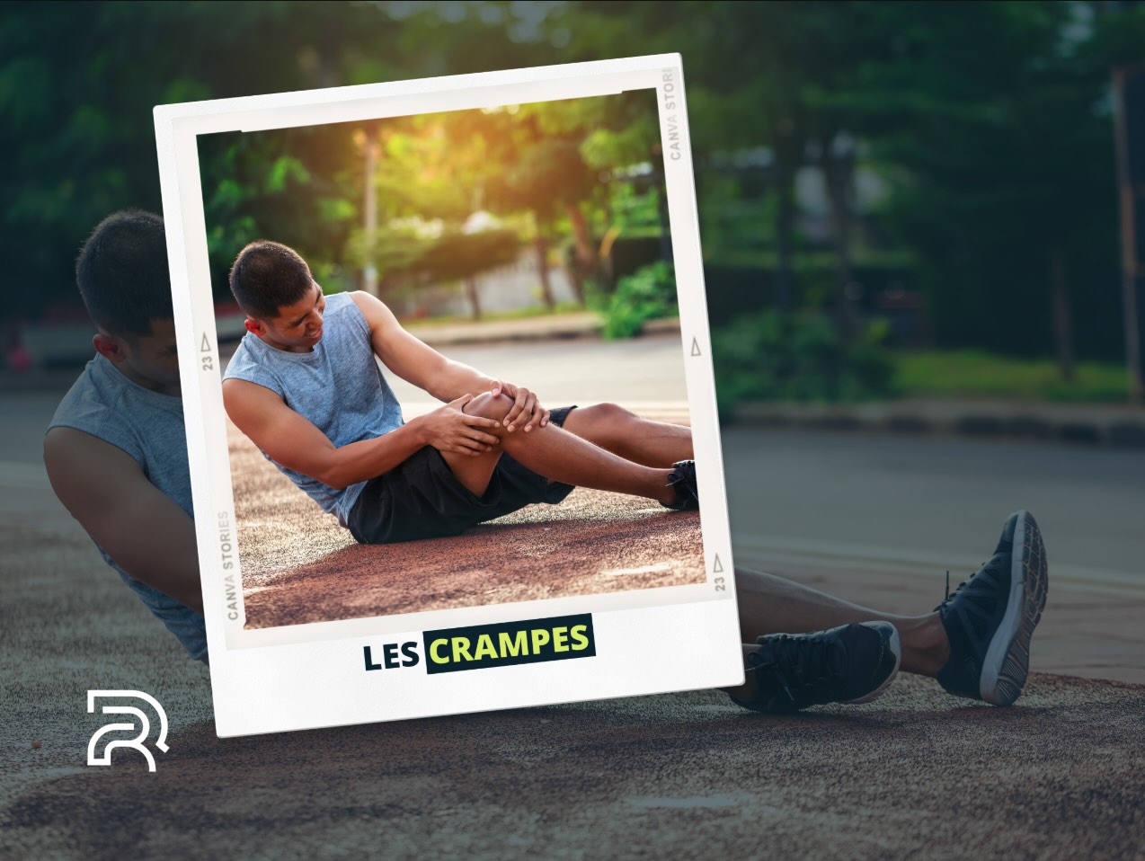 homme en tenue de sport assis au sol, tenant sa jambe après une crampe musculaire – visuel éducatif Resofit sur les crampes