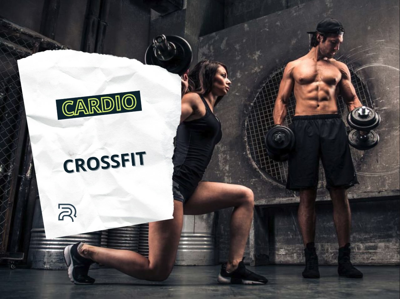 Entraînement de crossfit intense avec haltères dans une ambiance industrielle, mettant en avant la puissance et l’endurance