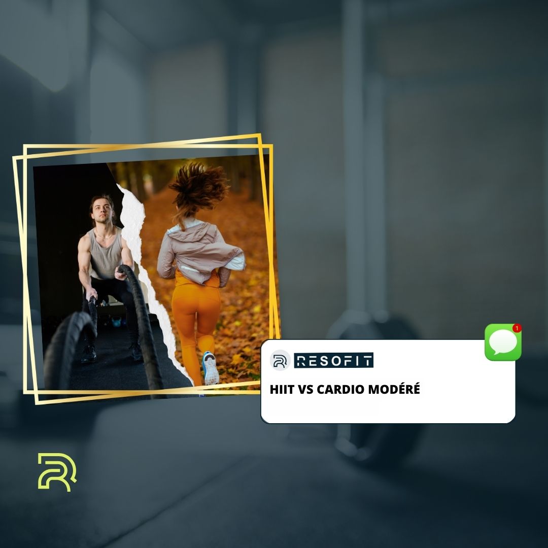Visuel comparatif HIIT vs cardio modéré : homme réalisant un entraînement intense avec cordes ondulatoires et femme courant en extérieur ; texte 'HIIT vs cardio modéré' avec logo Resofit.