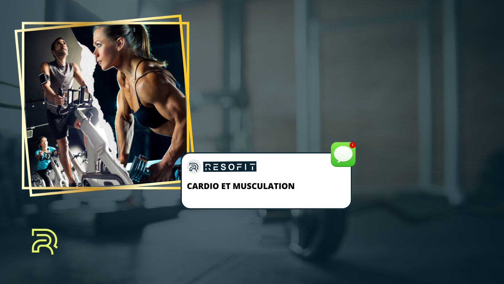 Visuel cardio et musculation : homme sur vélo d’appartement et femme soulevant des haltères en salle ; texte 'Cardio et musculation' avec logo Resofit.