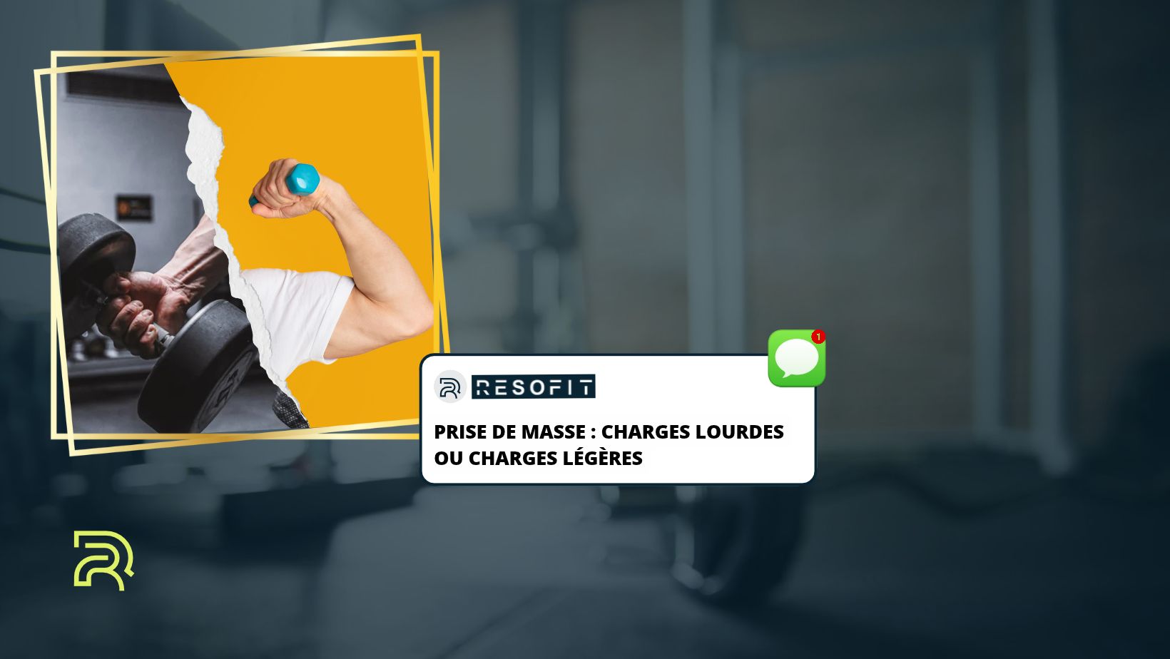 Visuel sur la prise de masse comparant l'entraînement avec des charges lourdes et des charges légères, illustré par deux personnes utilisant des haltères. Titre : 'Prise de masse : charges lourdes ou charges légères' avec logo Resofit.